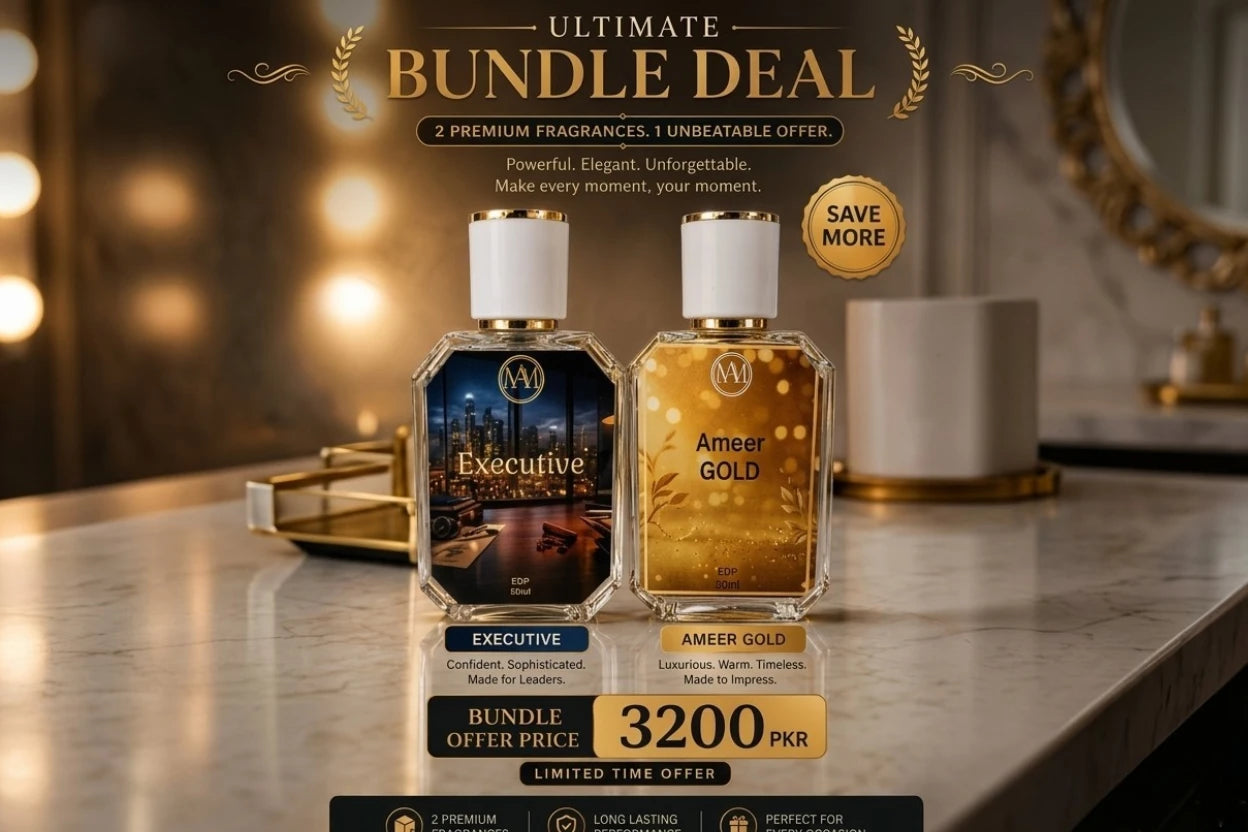 Two perfume bottles labeled 'Executive' and 'Ameer Gold' with promotional text on a reflective surface.